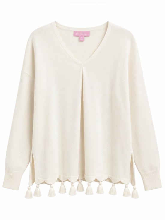 Lilly Pulitzer Sweaters - Lilly Pulitzer Cream V‑Neck Tassel‑Hem Sweater